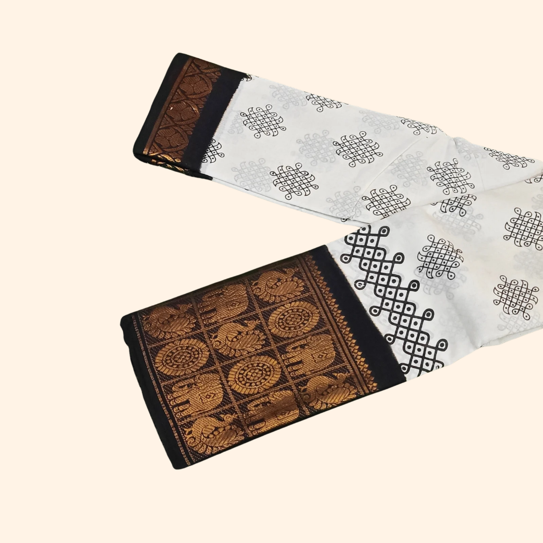 White Kolam Cotton Saree with Black Temple Border & Traditional Elephant Motifs