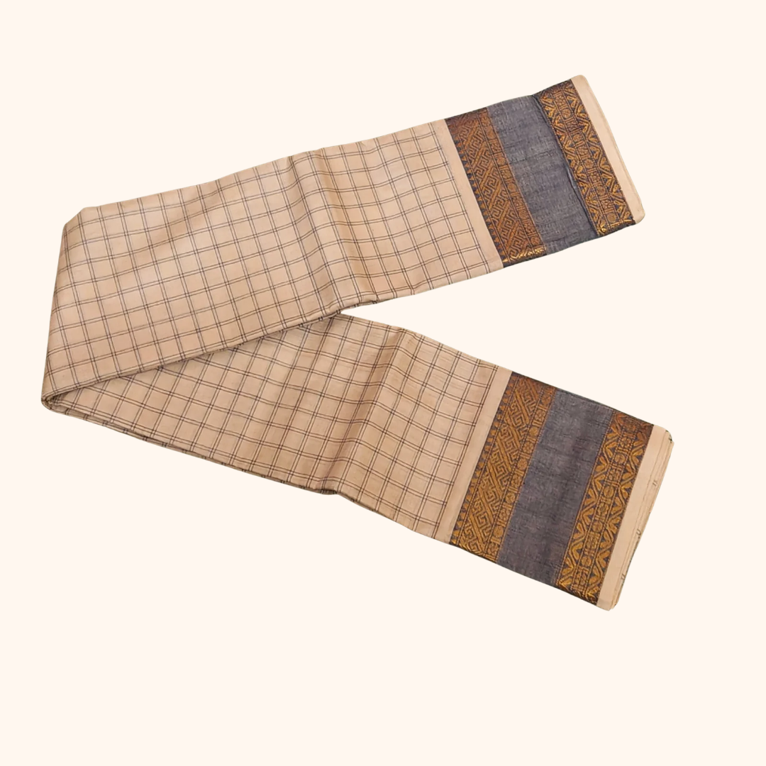 Cream Checked Chettinad Cotton Saree with Grey colour Border