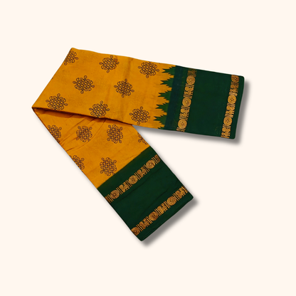 Mustard Yellow Sungudi Cotton Saree with Dark Green Traditional Border – Running Blouse