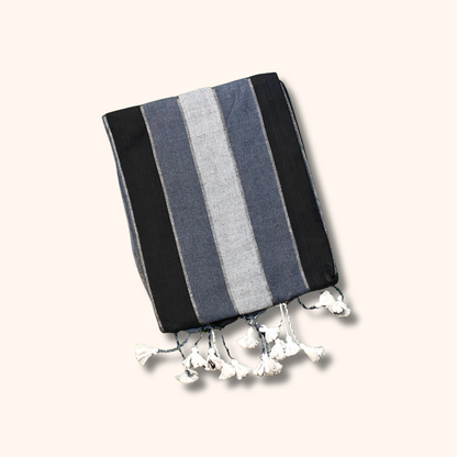 Mulmul Cotton Saree in Black, Charcoal Grey & Silver Stripes with Running Blouse