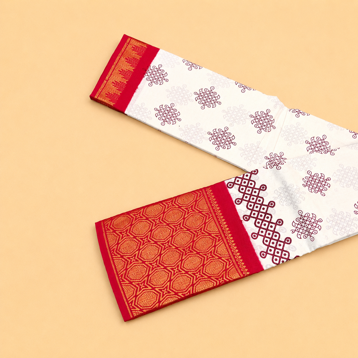 Coral Pink Printed Cotton Saree with Navy Blue Traditional Border