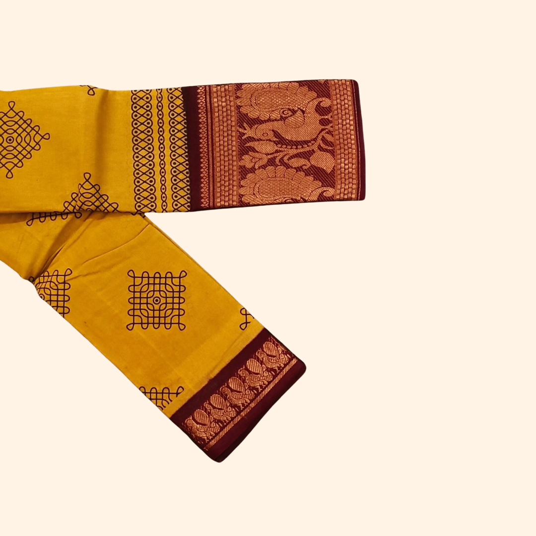 Mustard Yellow Kolam Cotton Saree with Maroon Peacock Border