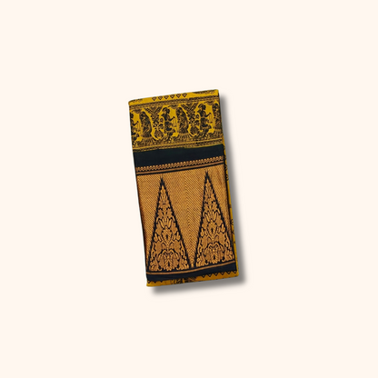 Mustard Yellow Pure Sungudi Cotton Saree with Traditional Motifs & Black Gold Border – No Blouse