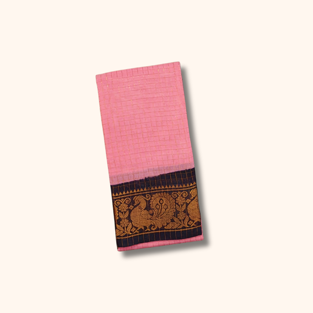 Baby Pink Thread Work Sungudi Cotton Saree with Black Peacock Zari Border