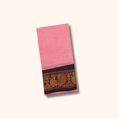 Baby Pink Thread Work Sungudi Cotton Saree with Black Peacock Zari Border