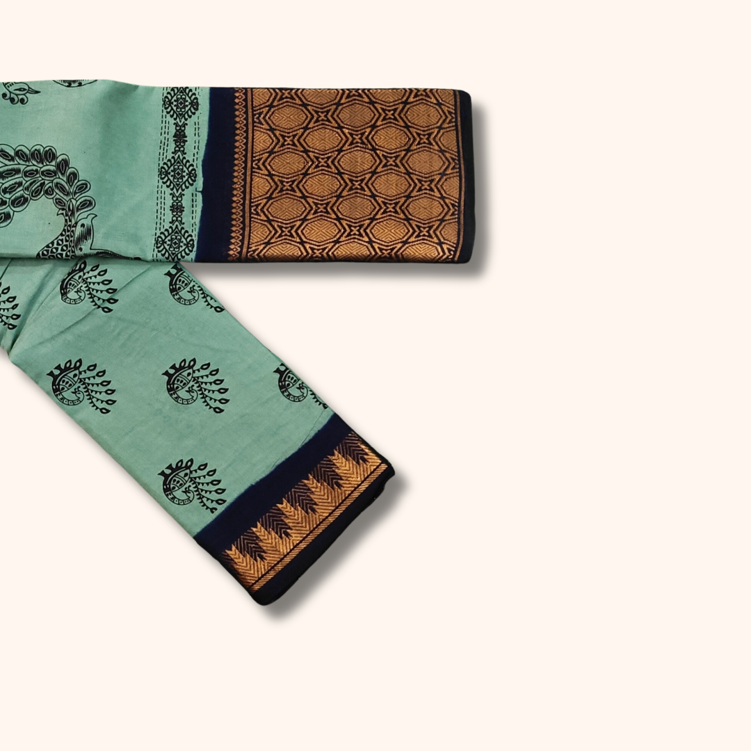 Mint Green Cotton Saree with Geometric Woven Border