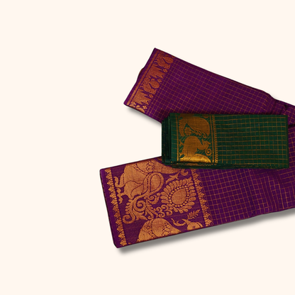 Purple Sungudi Cotton Saree with Gold Checks and Peacock Zari Border – Separate Blouse Piece Included