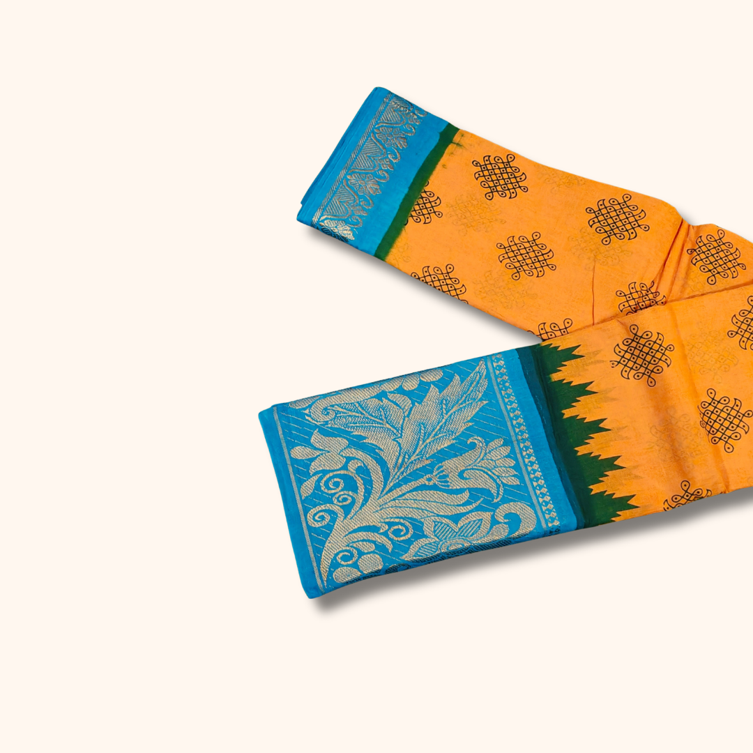 Mustard Yellow Soft Cotton Saree with Sky Blue Floral Jacquard Pallu