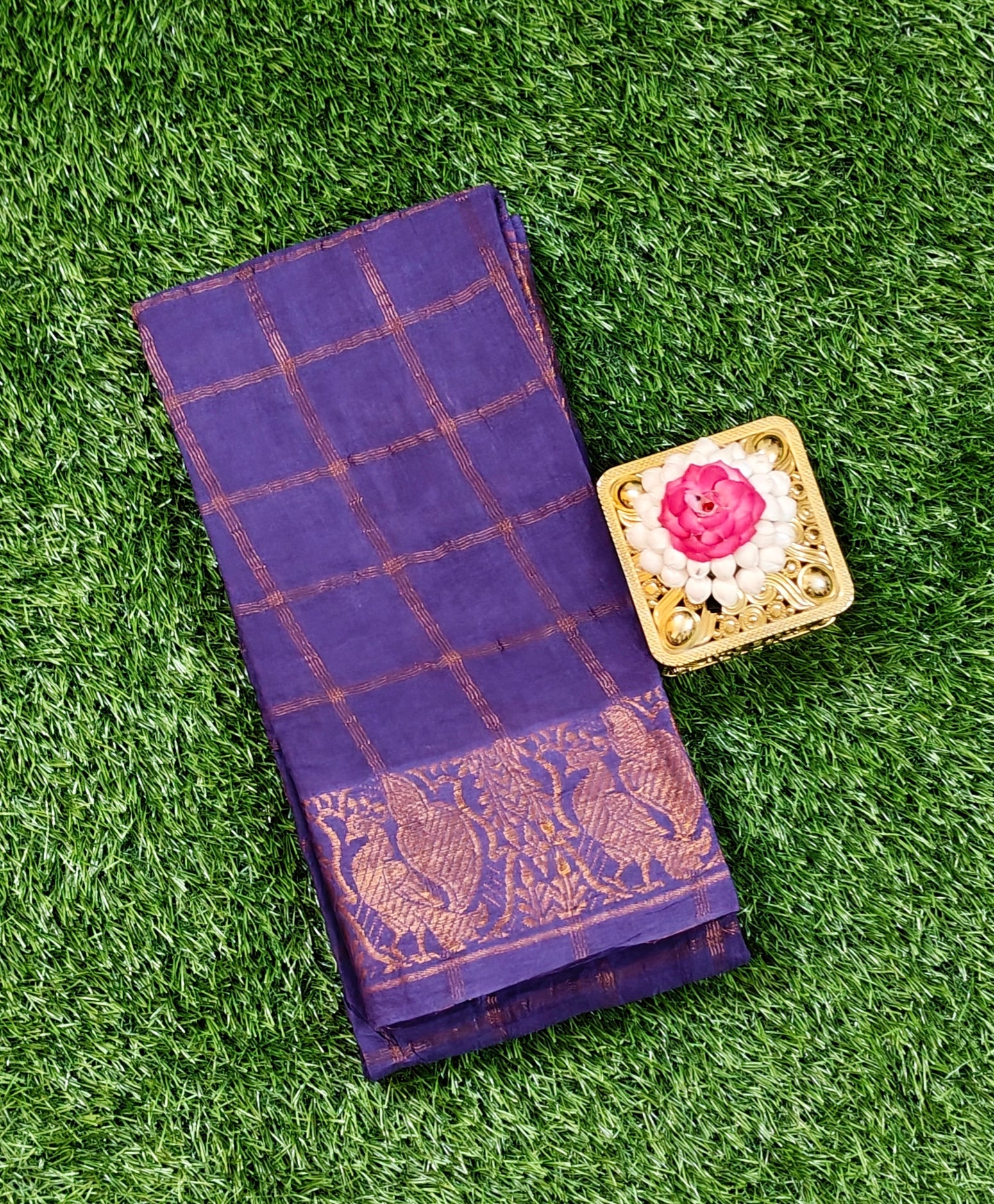 Traditional Sungudi Cotton Blouse Fabric – Purple Checkered Design