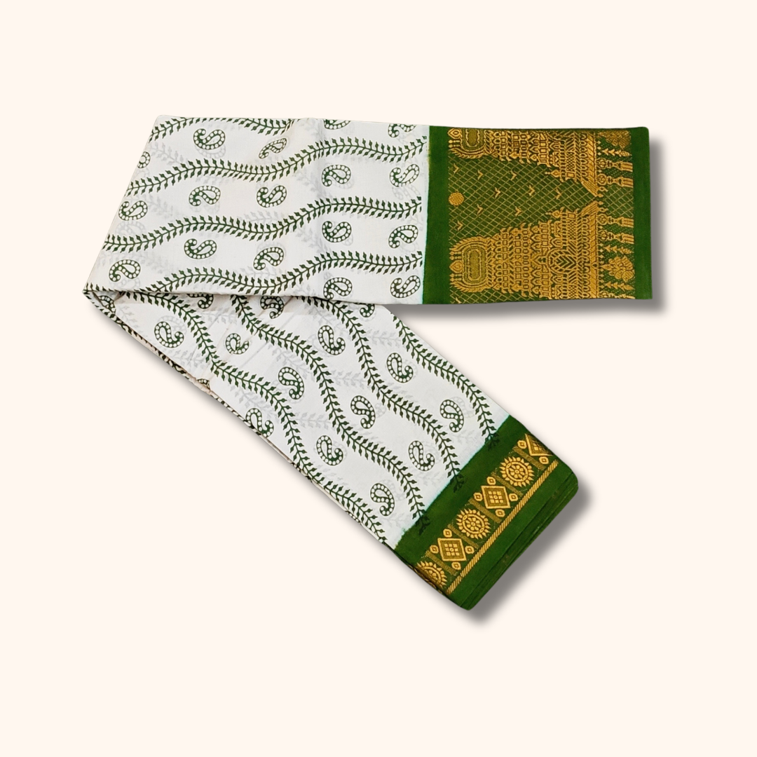 White Paisley Cotton Saree with Green Temple Zari Border