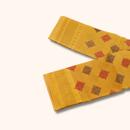 Mustard Yellow Sungudi Cotton Saree with Kolam Print & Self Zari Border