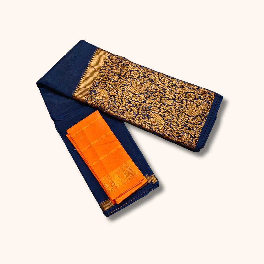 Navy Blue Vasigara Pattern Saree with Orange Blouse – Separate Blouse Piece