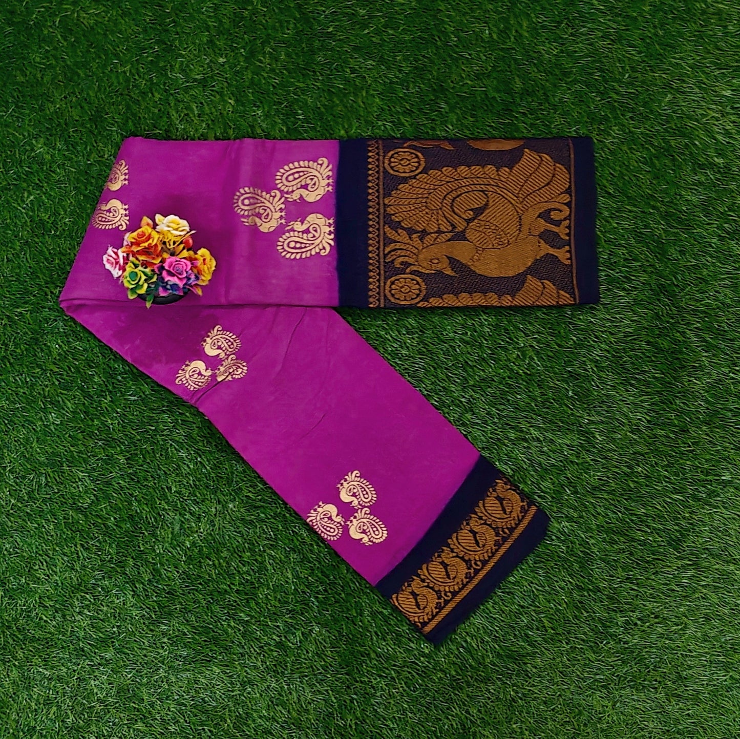 Authentic Magenta Cotton Saree with Rich Peacock Woven Border