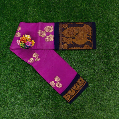 Authentic Magenta Cotton Saree with Rich Peacock Woven Border