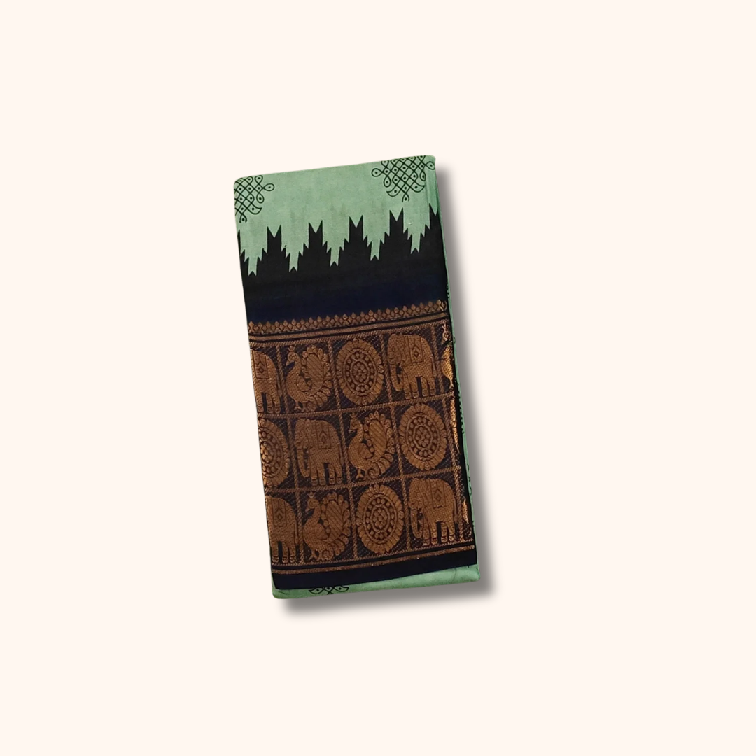 Mint Green Kolam Sungudi Cotton Saree with Black Elephant Heritage Border