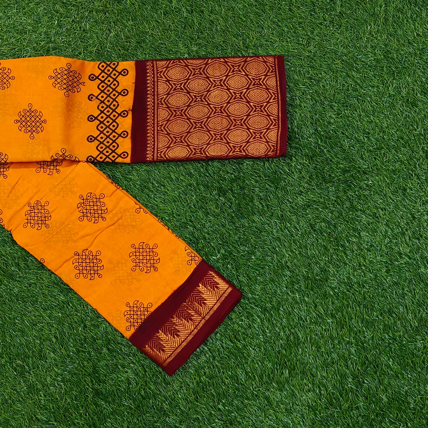 Mustard Yellow Printed Cotton Saree with Maroon Designer Border