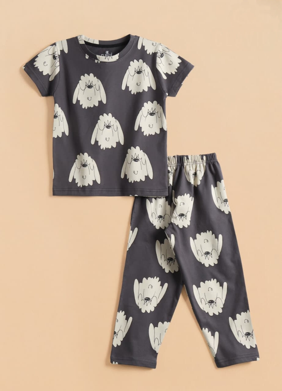 Kids Unisex Pure Cotton T-Shirt & Pant Set – Cute Puppy Print Comfort Wear (Charcoal Grey)