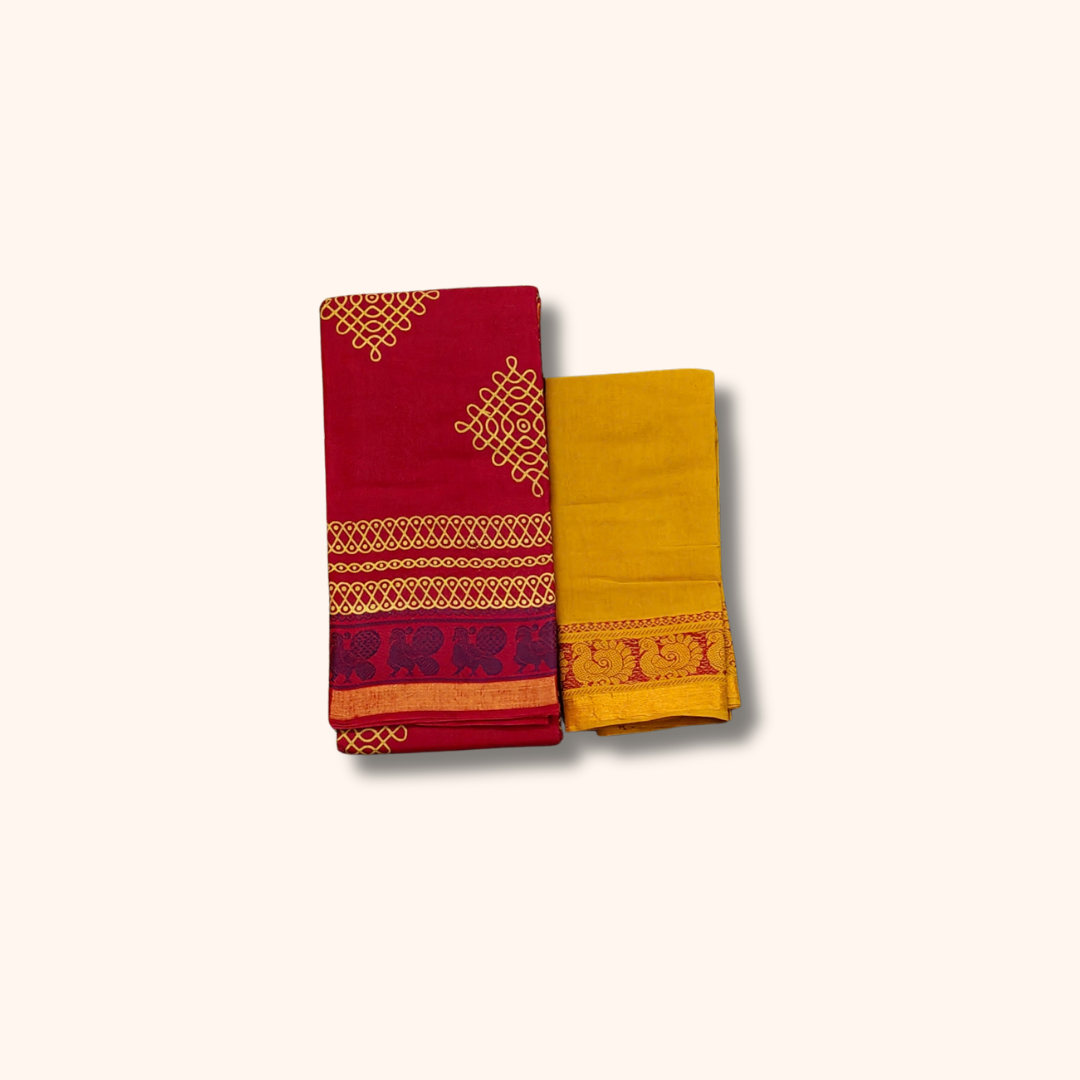 Maroon Kolam Design Cotton Saree with Mustard Yellow Blouse Piece