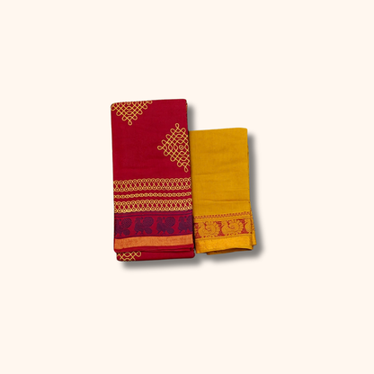 Maroon Kolam Design Cotton Saree with Mustard Yellow Blouse Piece