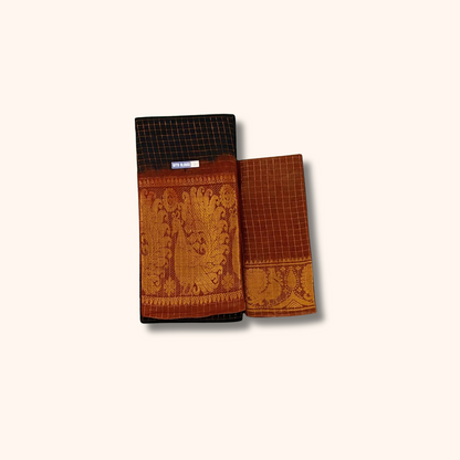 Black & Rust Brown Sungudi Cotton Saree with Peacock Pallu – Separate Blouse Piece
