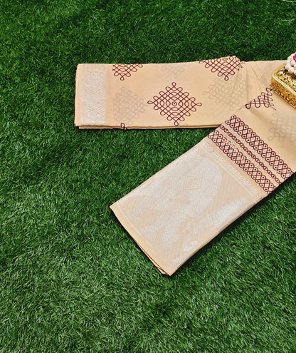 Beige Kolam Design Sungudi Cotton Saree with Silver Zari Border