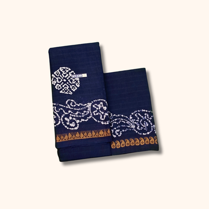 Dark Ink Blue Sungudi Cotton Saree with White Batik Floral Border & Matching Blouse Piece