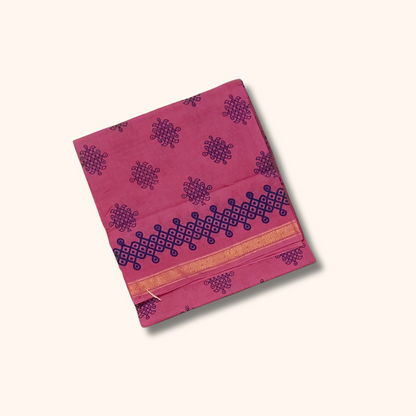 Rose Pink Kolam Print with Gold Zari Border
