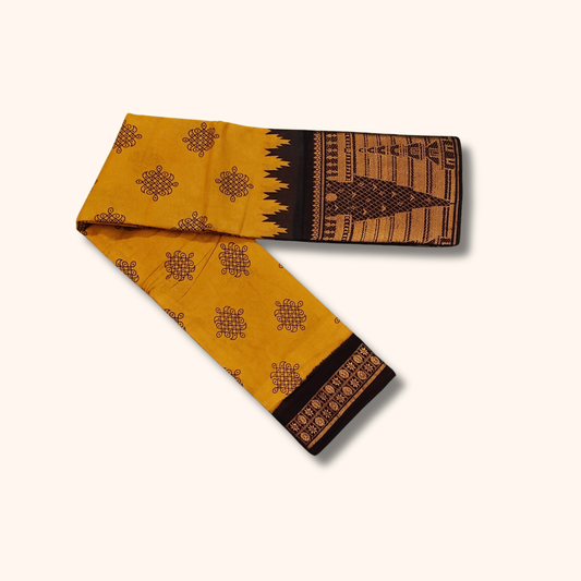 Mustard Yellow Sungudi Cotton Saree with Black and Gold Zari Temple Border – No Blouse Included