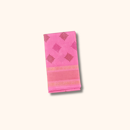 Rose Pink Sungudi Cotton Saree with Kolam Print & Gold Zari Border