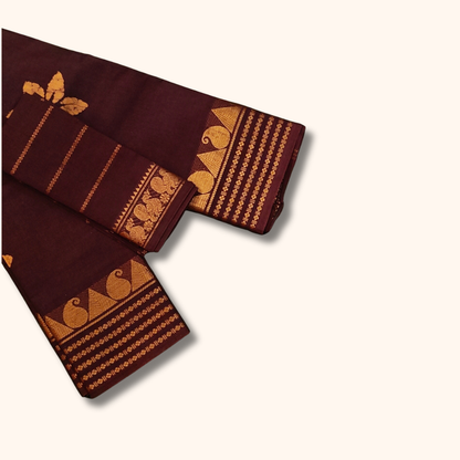 Maroon Sungudi Cotton Saree with Traditional Gold Zari Border & Matching Blouse Piece