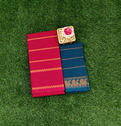 Classic Red Cotton Saree with Zari Stripes & Contrast Teal Blue Blouse