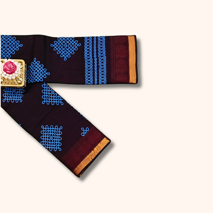 Beautiful Dark Maroon Sungudi Cotton Saree with Royal Blue Kolam Design & Zari Border