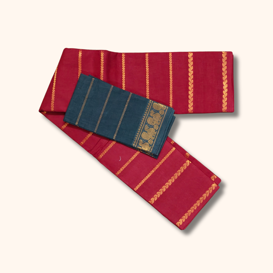 Elegant Maroon Cotton Saree with Teal Blue Contrast Blouse