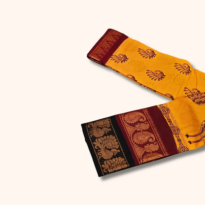 Mustard Yellow Peacock Print Double Border Sungudi Cotton Saree
