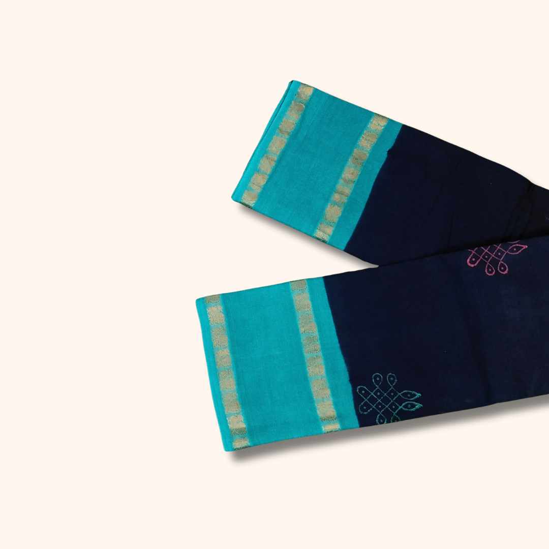 Navy Blue and Teal Blue Kolam Design Cotton Saree with Running Blouse