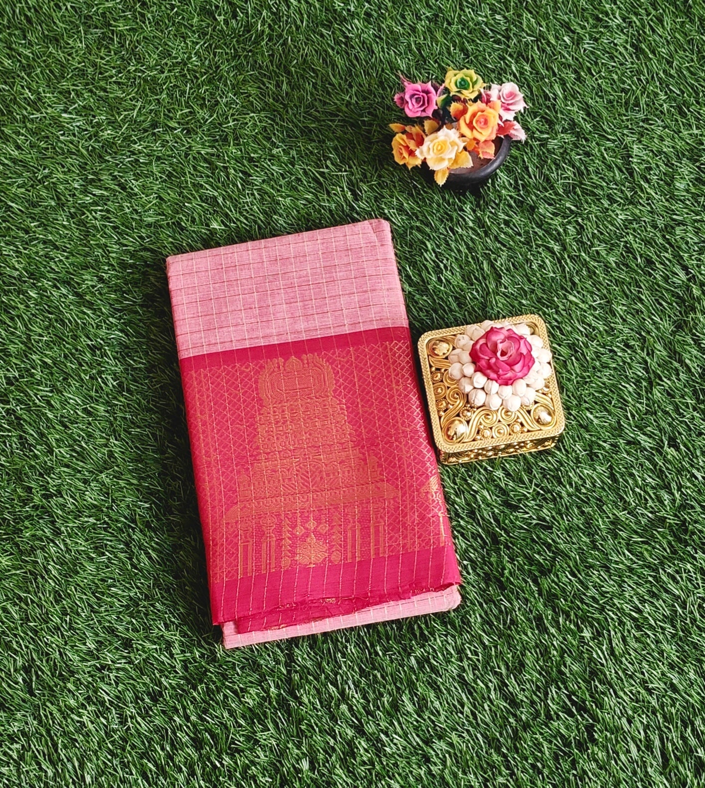 Chettinad Cotton Saree with Meenakshi Gopuram Border – Baby Pink with Red Temple Border