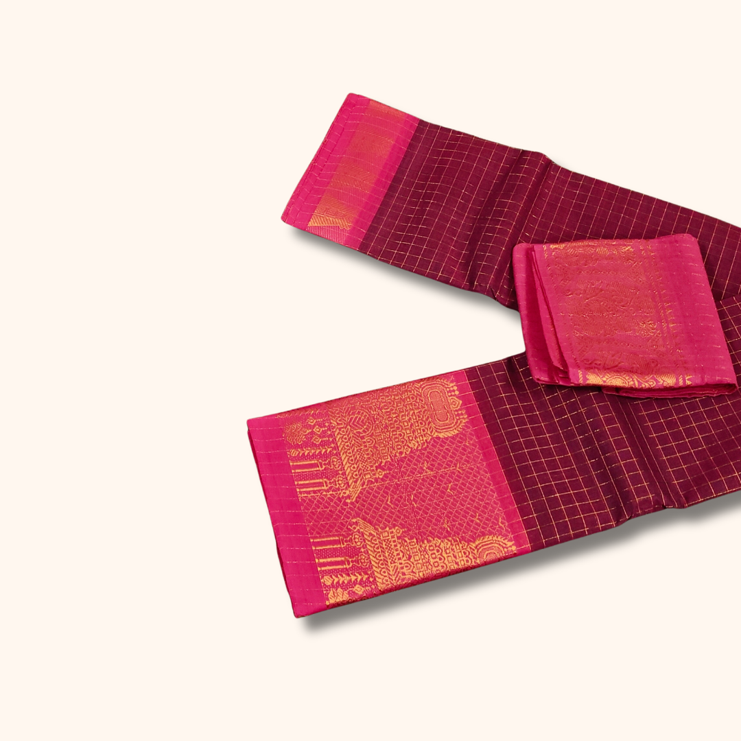 Maroon Temple Border Cotton Saree with Pink Pallu Separate Blouse Piece