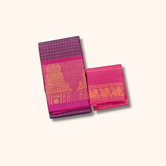 Purple Temple Border Cotton Saree with Pink Pallu Separate Blouse Piece