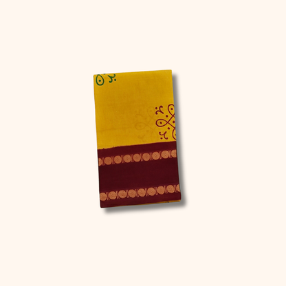 Mustard Yellow Cotton Saree with Maroon Border – Running Blouse