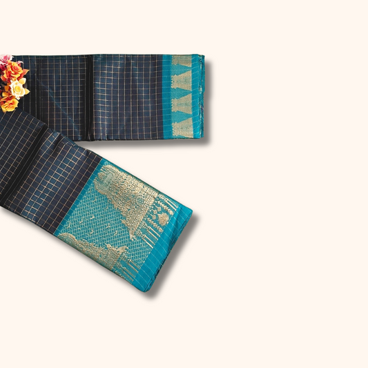 Authentic Teal Green Chettinad Cotton Saree with Meenakshi Gopuram Border