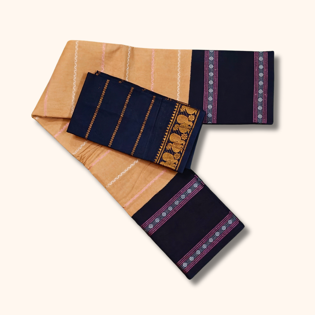 Peach & Navy Sungudi Cotton Saree with Traditional Border
