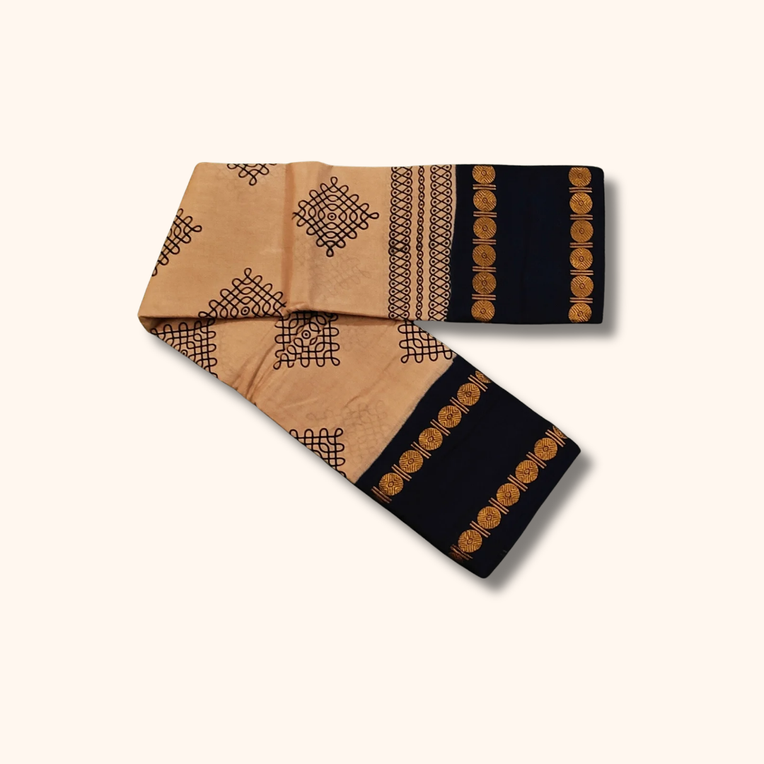 Beige Sungudi Cotton Saree with Black Kolam Motifs & Dark Blue Zari Border