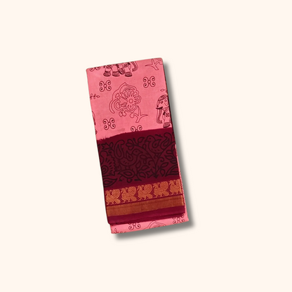 Classic Pink Printed Sungudi Cotton Saree with Floral Border