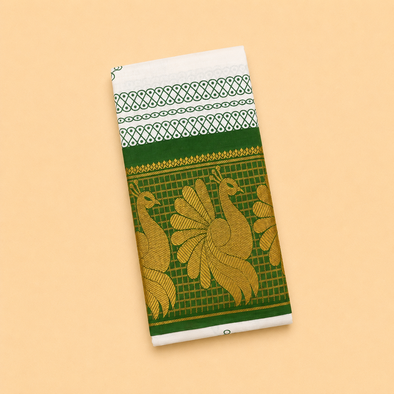 Elegant White Printed Cotton Saree with Green Peacock Border