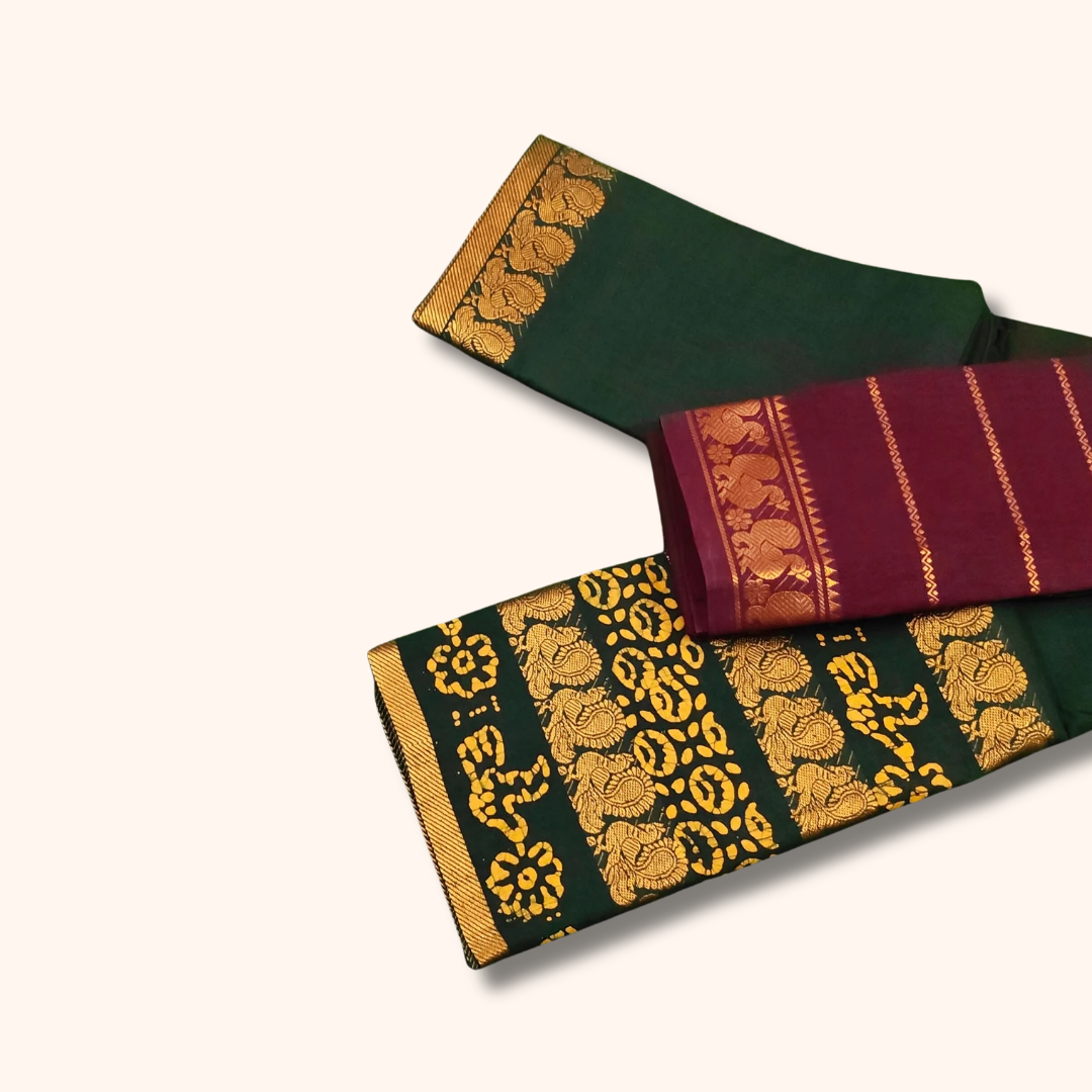 Dark Green Batik Cotton Saree with Maroon Separate Blouse Piece