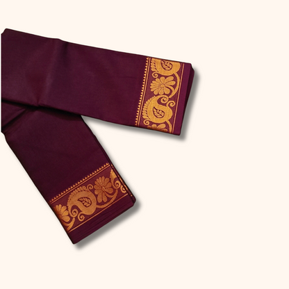 Wine Pure Cotton Saree with Traditional Paisley & Floral Border – Running Blouse