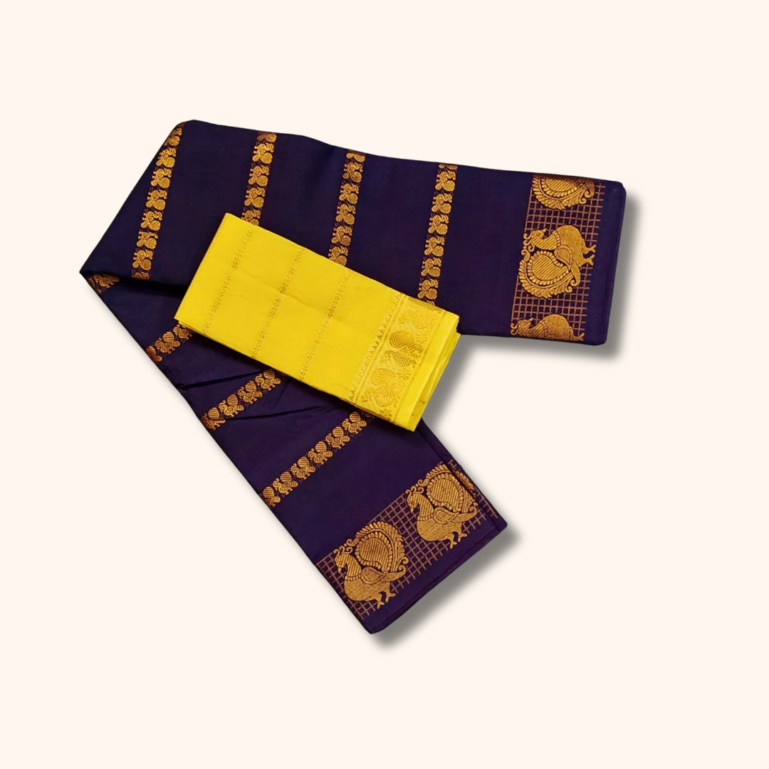 Navy Blue Cotton Saree with Golden Peacock Border & Yellow Blouse Piece