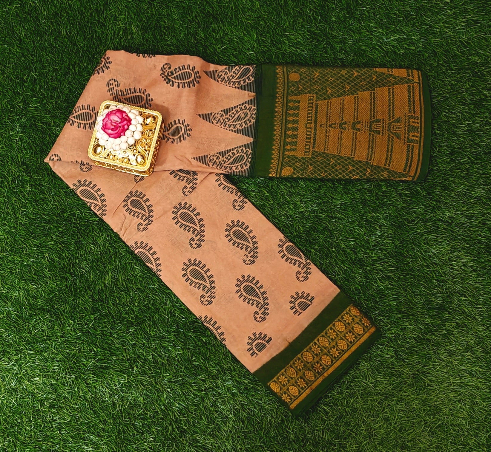 Authentic Peach Cotton Saree with Green Temple Border – Traditional Printed Design