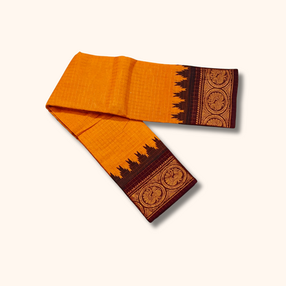 Mustard Orange Sungudi Cotton Saree with Maroon Peacock Zari Border