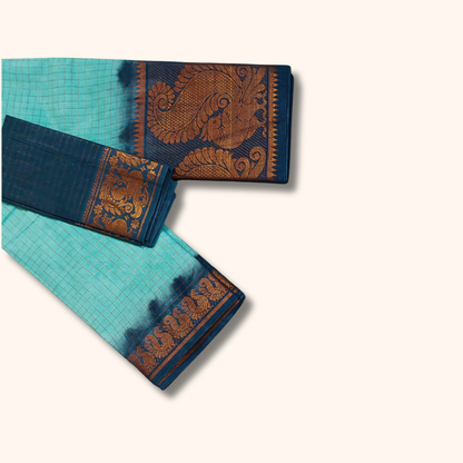 Sky Blue Thread Work Sungudi Cotton Saree with Peacock Border